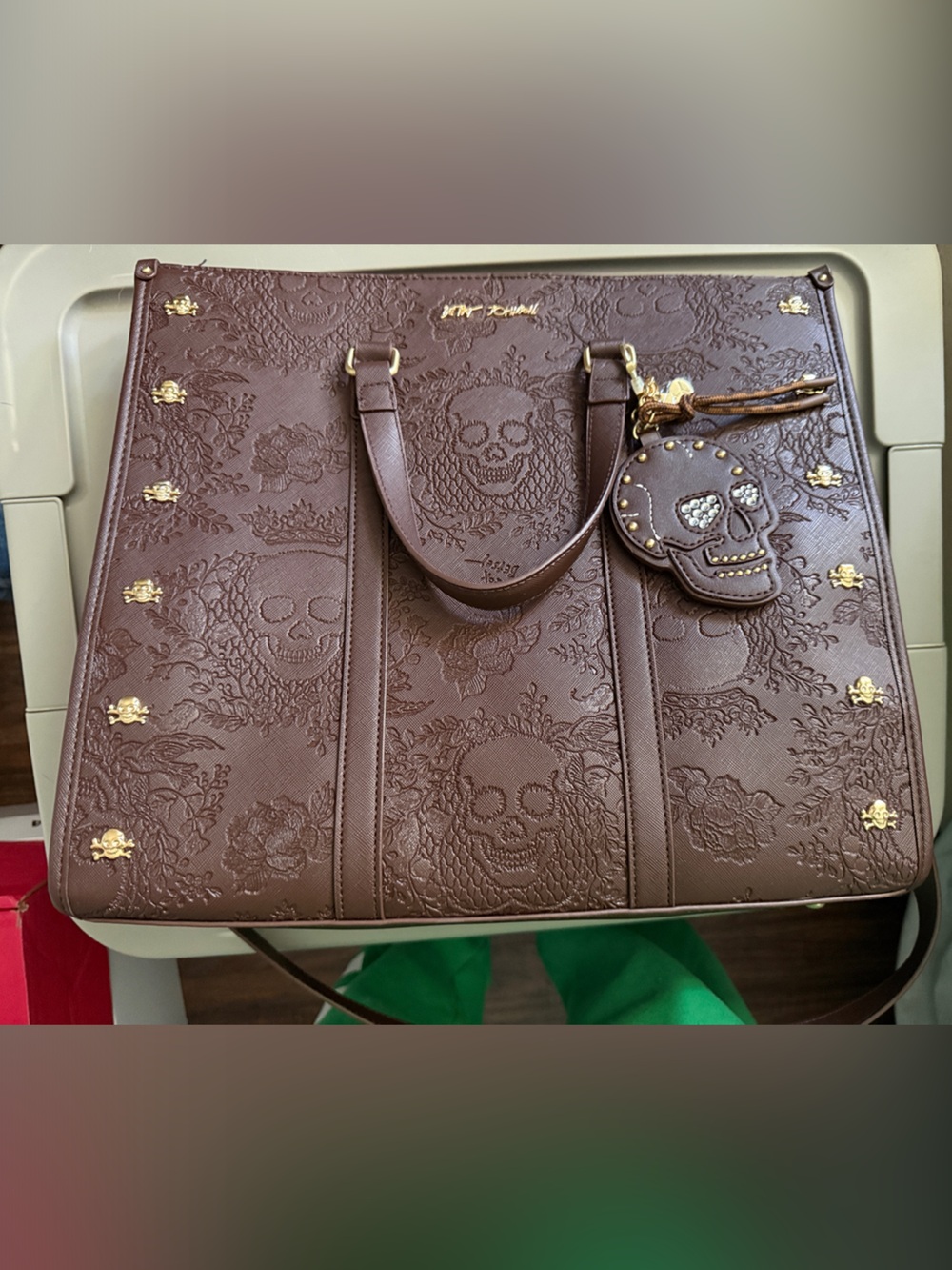 Betsey Johnson Brown Embossed Skull Tote with Gold Accents